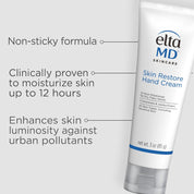 Eltma MD Skin Restore Hand Cream with product features on a white background