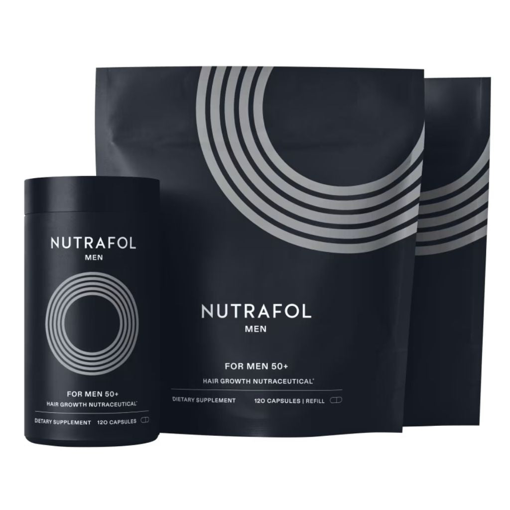Nutrafol Men 50+ 3-month supply hair supplement bottle with refill packs